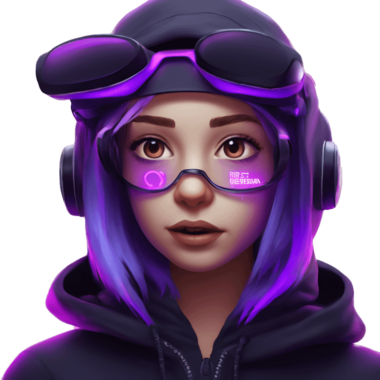 Russian girl wearing black hoody with violet letters "OMG", in vr headset. Cyberpunk style. Violet neon. emoji