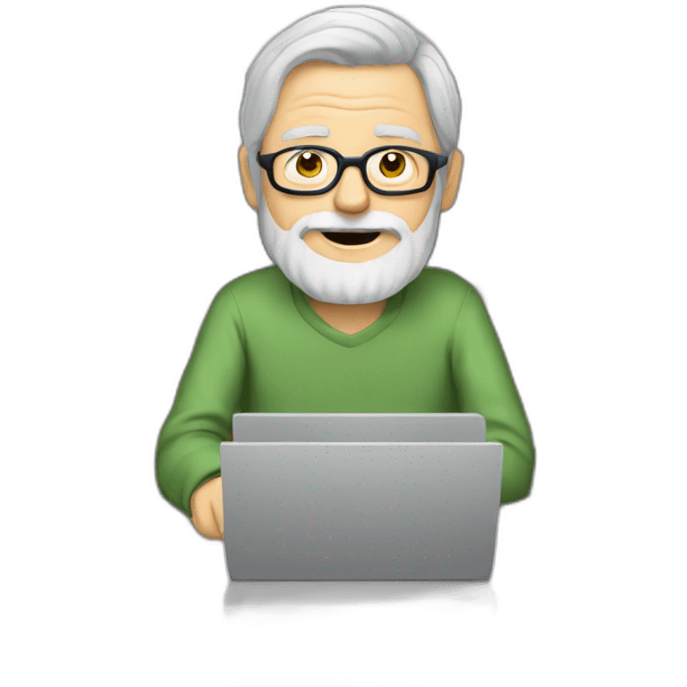 old man with grey hair and beard and glasses sitting at a desktop with computer emoji