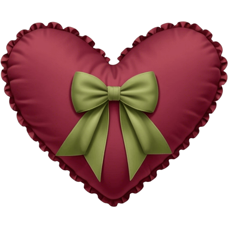 Burgundy heart shaped pillow with ruffles and olive color bow emoji