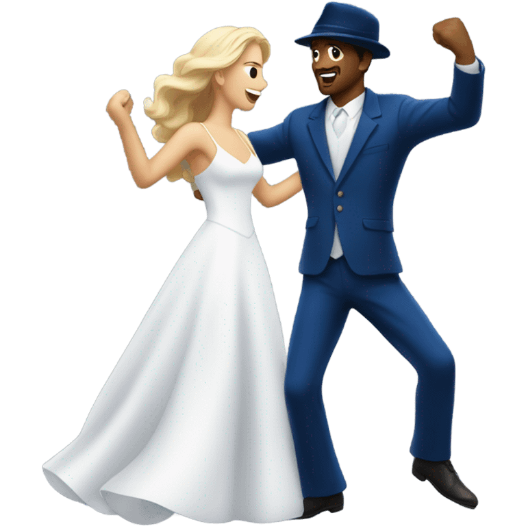 Puerto rican beard short hair with blue hat and navy blue suit first dance with blond long hair girl with white  wedding dress  emoji