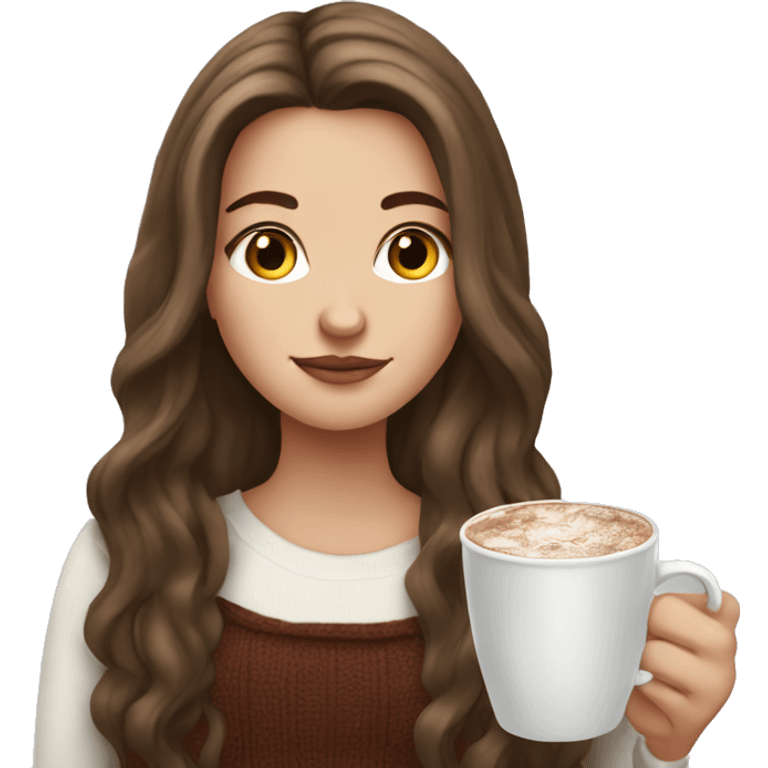 white girl with brown long hair and a hot chocolate emoji