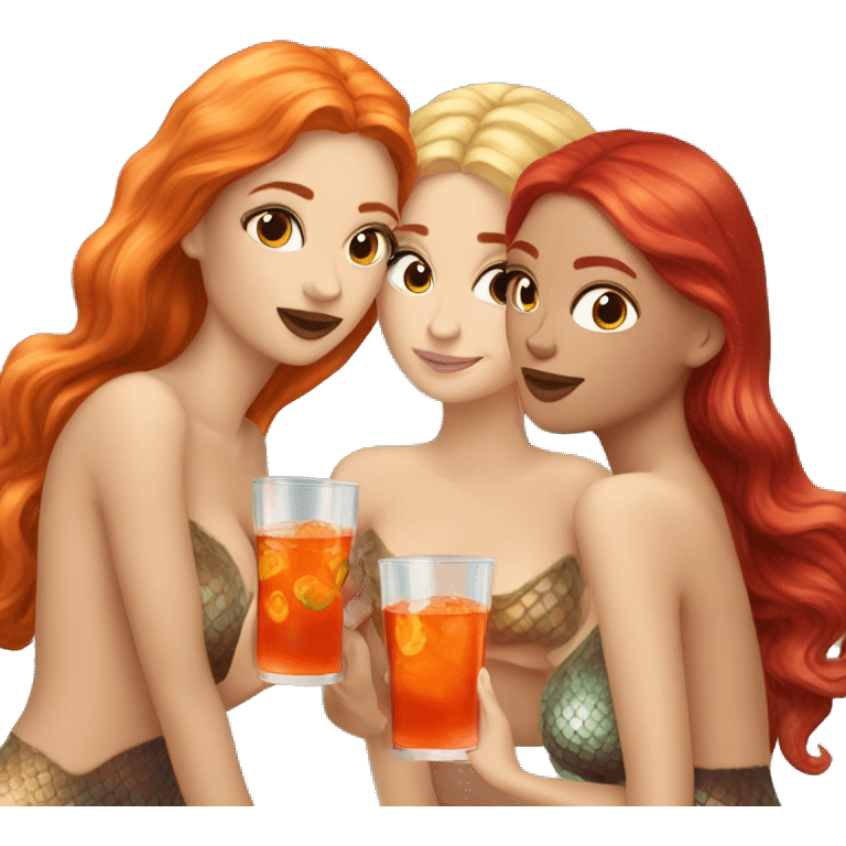 Three beautiful mermaids (one blond, one brown and one red hair) drinking aperol emoji