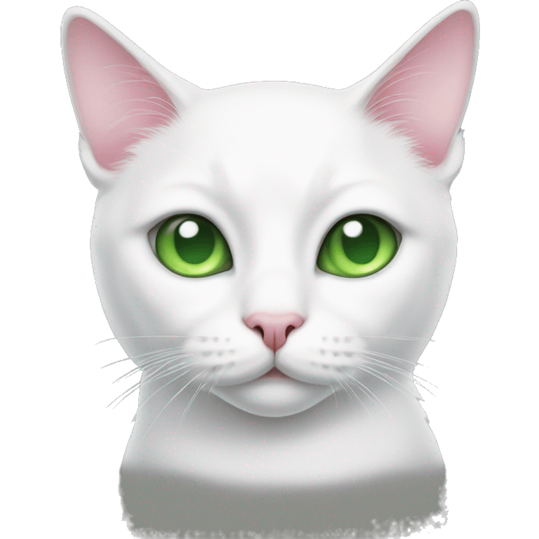 white cat with gray stain on eye, with green eyes, pink nose emoji