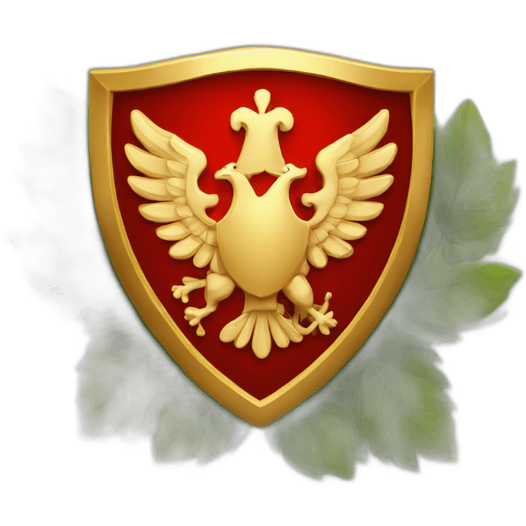 a red shield with a golden border and shrubbery behind it in a circular shape emoji