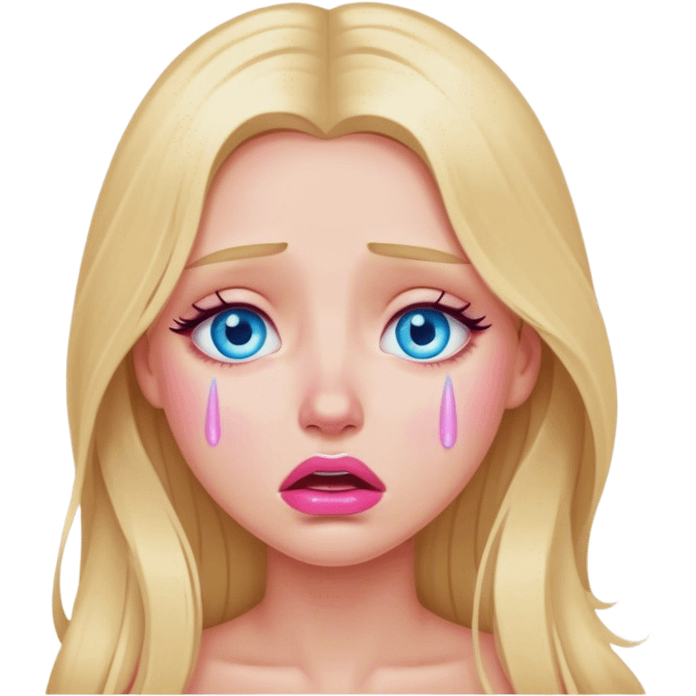 A beautiful blonde girl with long hair, blue eyes, pink lips is crying emoji