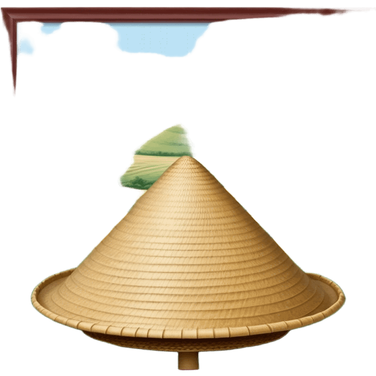 Cinematic Realistic image of an iconic conical hat (Nón Lá), rendered with detailed textures and subtle natural hues, set against a serene rural Vietnamese landscape with gentle, diffused lighting emoji