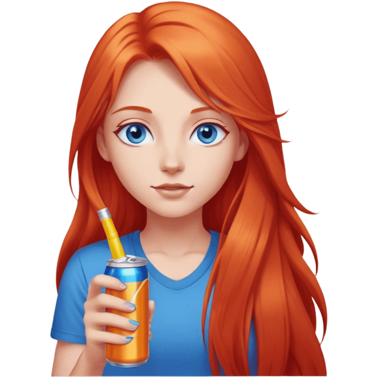 girl with light red long hair with blue eyes with energy drink in hand  emoji