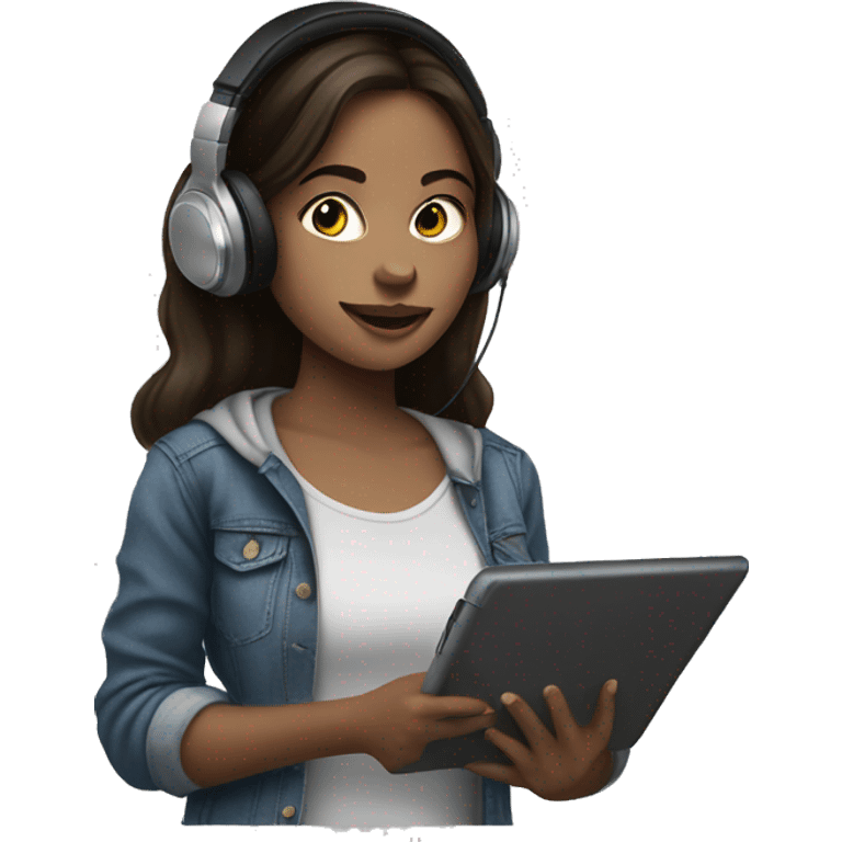 Brunette girl with headphones drawing on tablet emoji