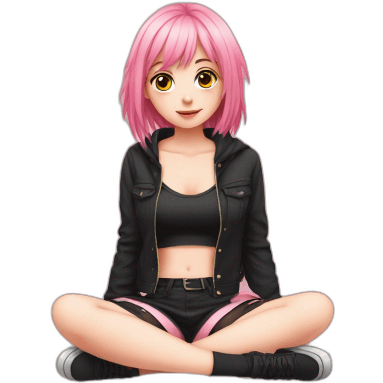 full body Front view emo girl sits on the floor black skirt pink knickers emoji