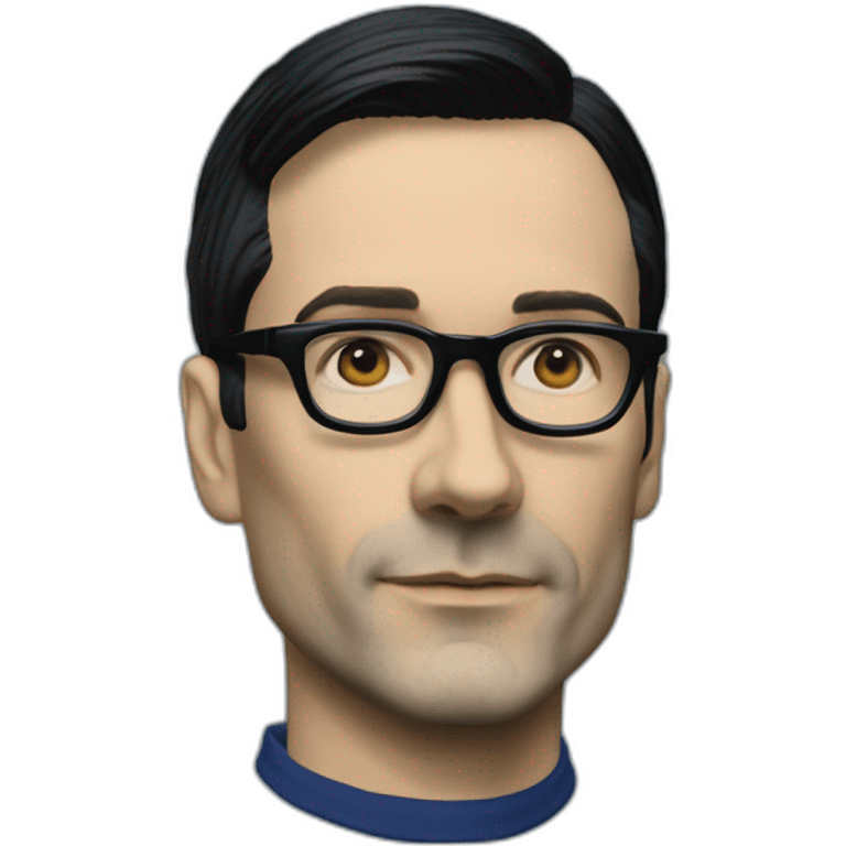 photo realistic Ralf Hutter from Kraftwerk, short straight black hair, black glasses, Dark Blue T-shirt, lean, left view emoji