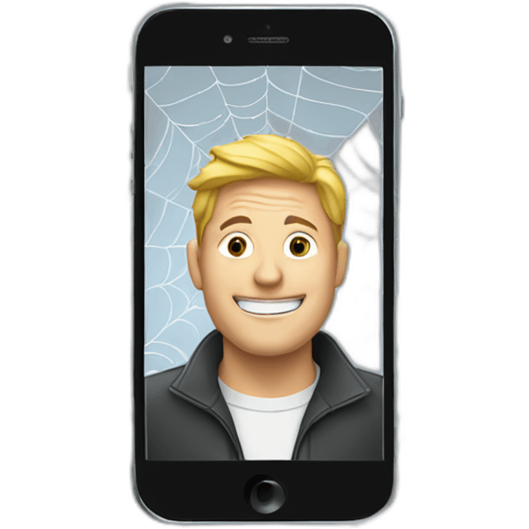 a mobile phone, covered with a spiderweb, with a picture of a man emoji