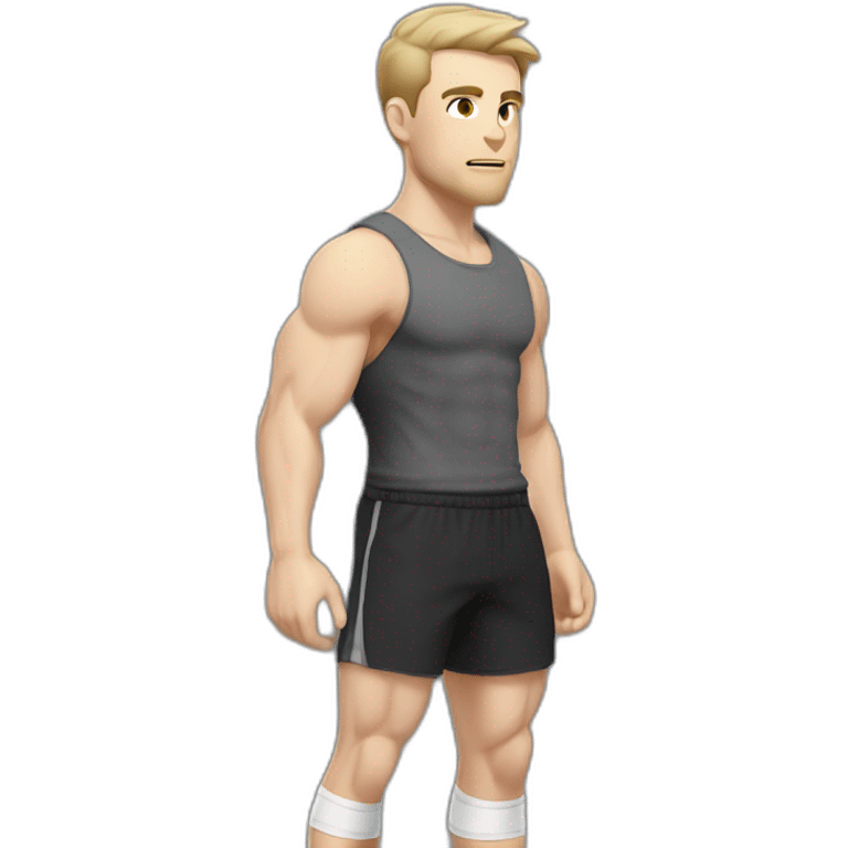 Pale skinned Fit Man With the biceps and dark brown hair in black shirt, gray sports shorts and white Sneakers Scales of the back of the head emoji