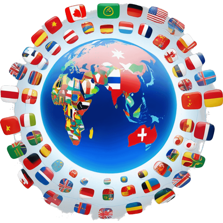 Glowing globe with interconnected lines, surrounded by small country flags, representing virtual connections across 100+ countries. Modern, tech-inspired design. emoji