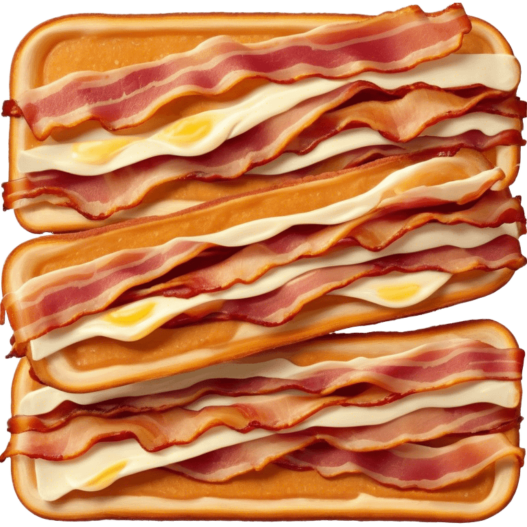 Cinematic crispy sizzling bacon, slightly curled, golden-brown with a perfect crunch, glistening with rich flavor, deep warm tones, served on a breakfast plate, comforting and indulgent. emoji