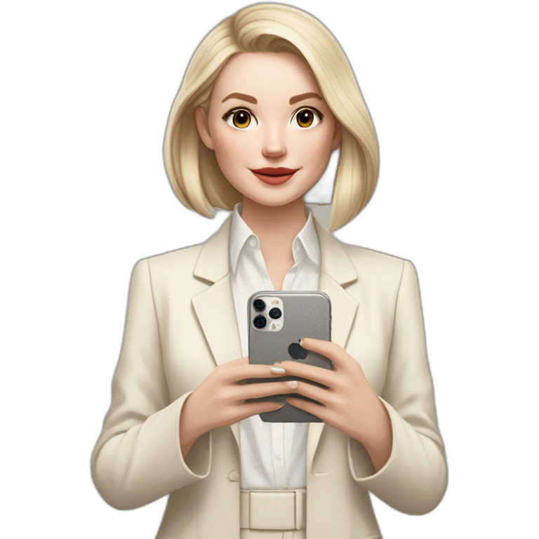 pale skin woman with ash blonde Straightened bob Hair, White Spacious classical jacket, beige palazzo Arrow pants and gray blouse holding white IPhone 15 pro in the hands emoji