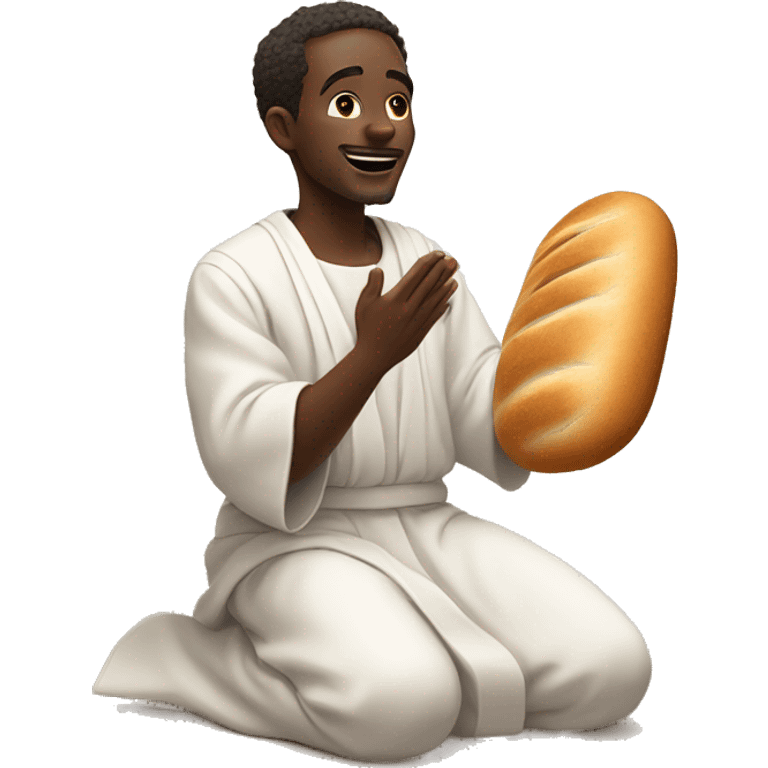 African hebrew man with a bread wearing a white line robe kneeling  with open arms staring at the sky emoji