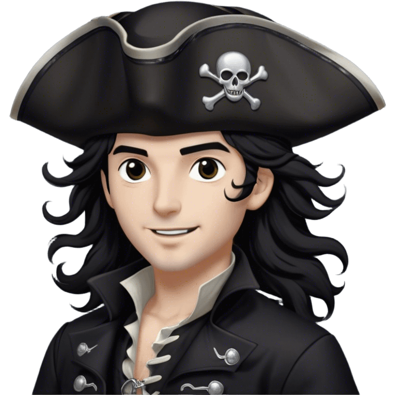 A charismatic pirate with wavy black hair tousled by the breeze. His silver-embroidered tricorn hat casts a shadow. Dark eyes glint with mischief as he looks to the side, a knowing smile on his lips. His black coat, adorned with silver buttons, shifts with the wind emoji