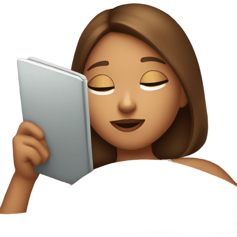 A girl laying in bed reading on her kindle emoji