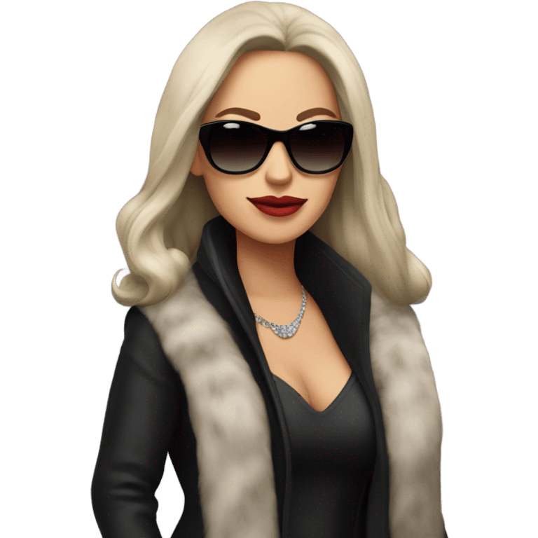 Beautiful long hair brunette mob wife with fur coat, black shirt and sunglasses emoji