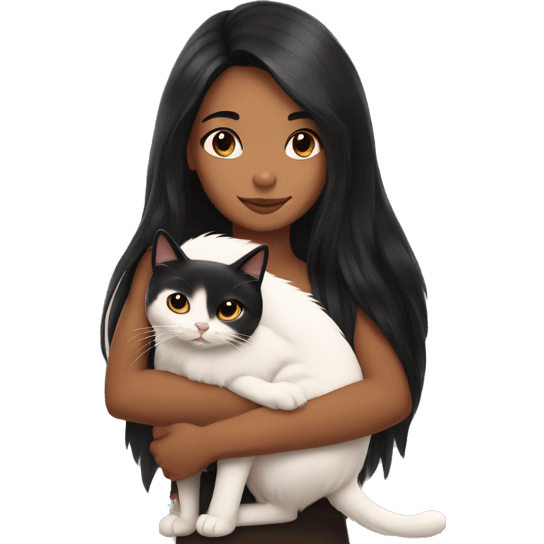 girl with very long black hair and caramel skin hugging a white cat emoji