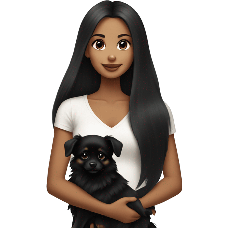 a beautiful girl with tan skin and black straight long hair holding an all black puppy pomeranian emoji