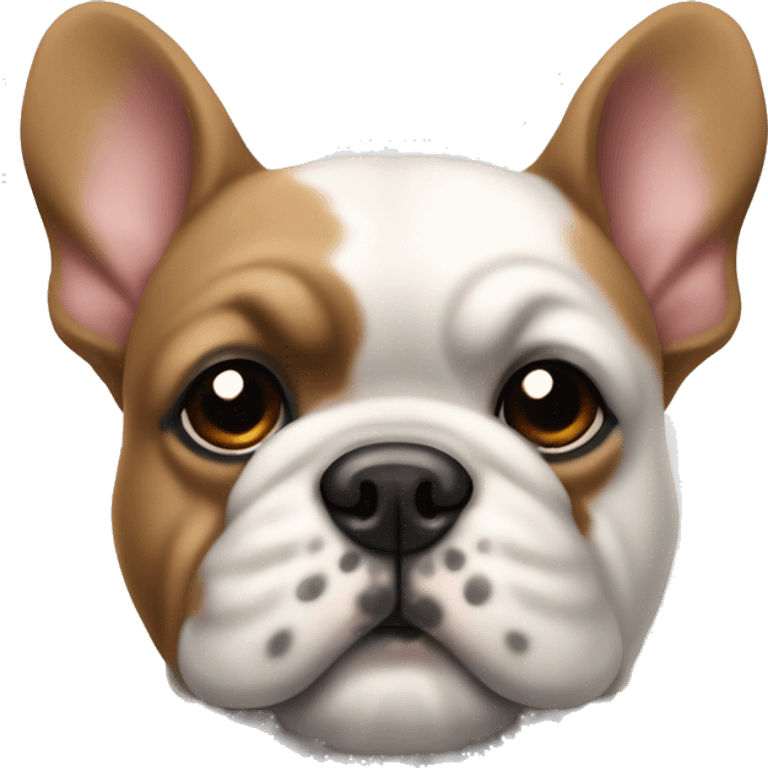 Fluffy French bull dog with a black spot on his face but the dog is white  emoji