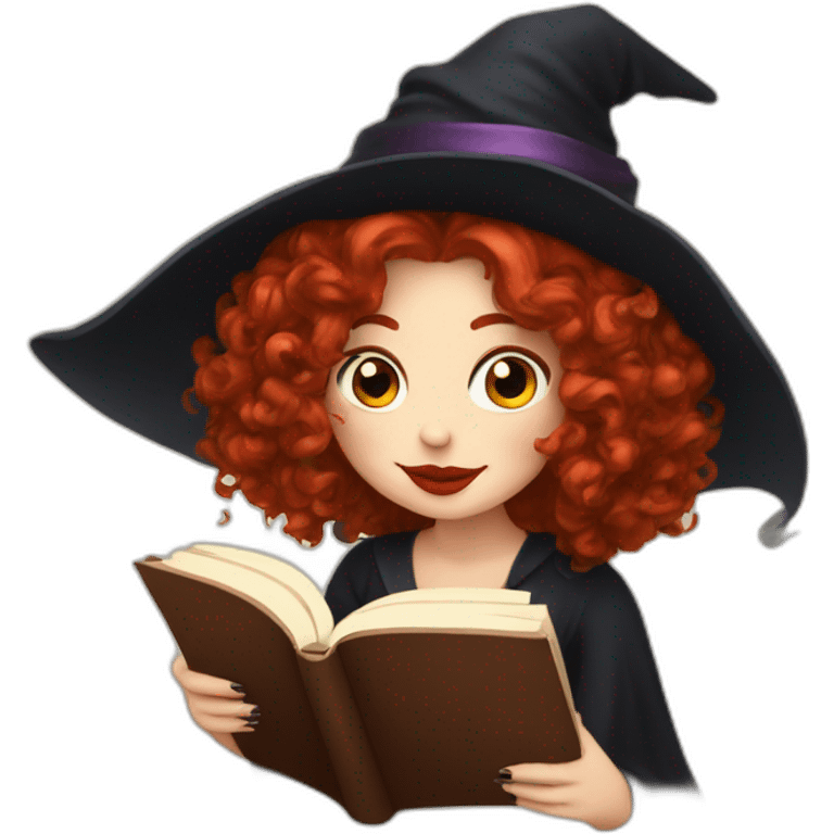 a witch with red lips, red curly hair to the shoulders reading a book and drinking coffee emoji