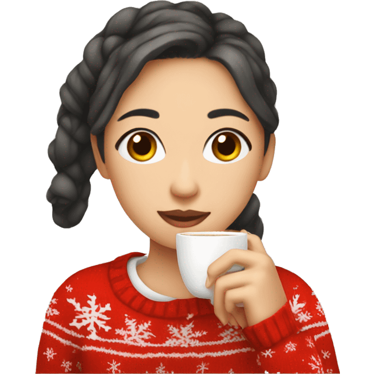 asian girl drinking coffee wearing Christmas sweater emoji