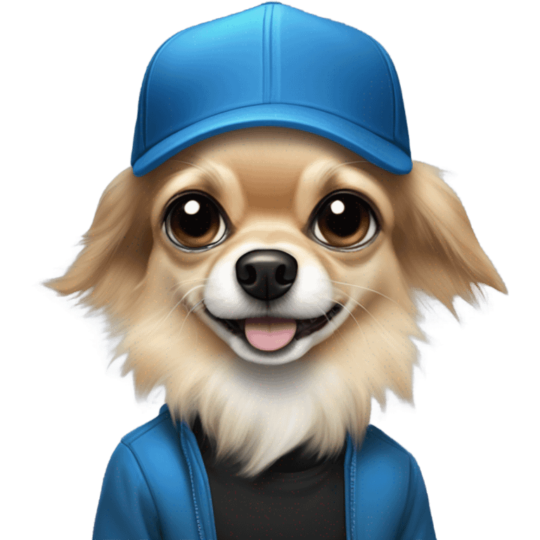 cute all black long haired Chihuahua being held by old blue eyes man with goatee and ball cap emoji