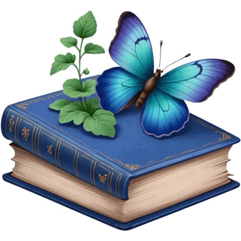 A vintage book with a worn blue cover, open to reveal pressed pansies and a resting green butterfly. emoji