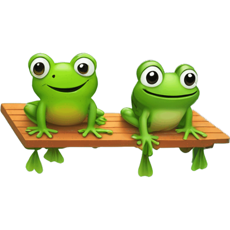 A frog sitting on a lawn chair while another frog is jumping off a diving board into a pool  emoji