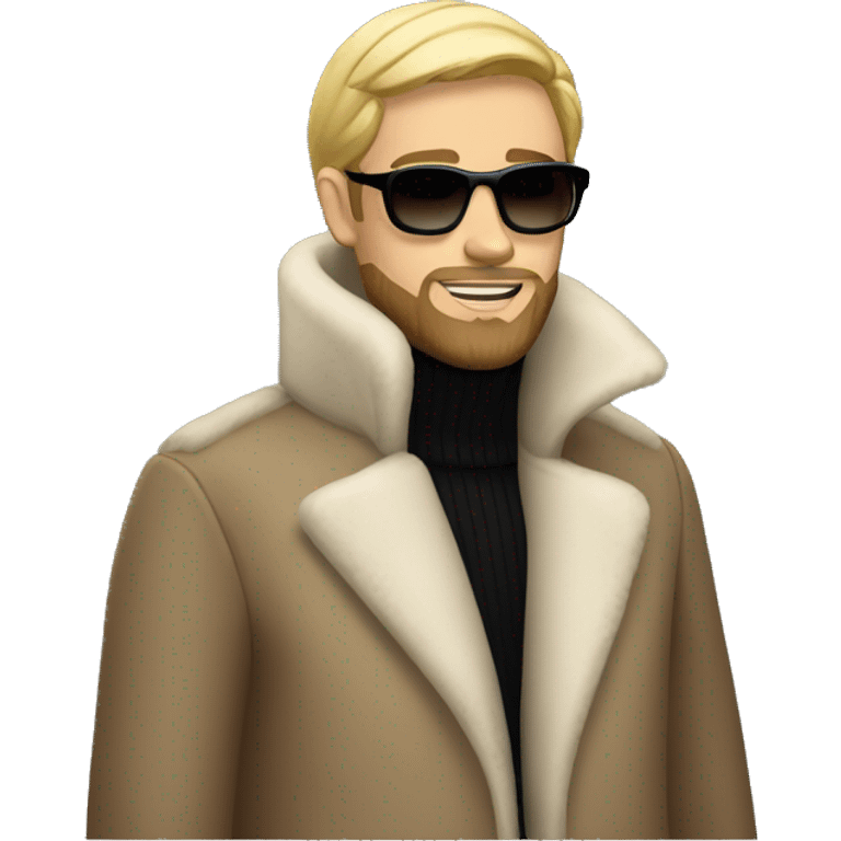 Blond man with beard wearing a long mink coat, sunglasses, and a high neck turtleneck emoji