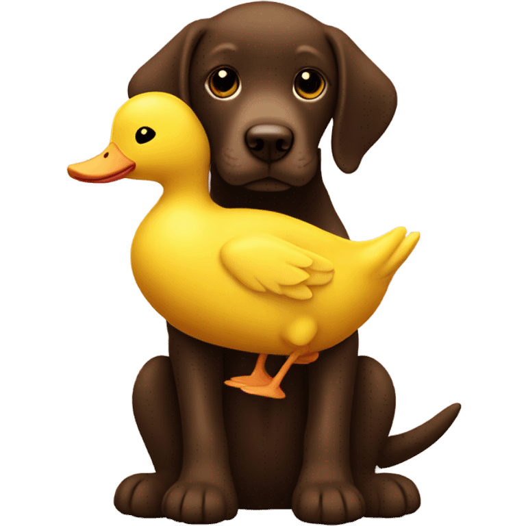 Chocolate lab puppy with big yellow duck plush toy emoji