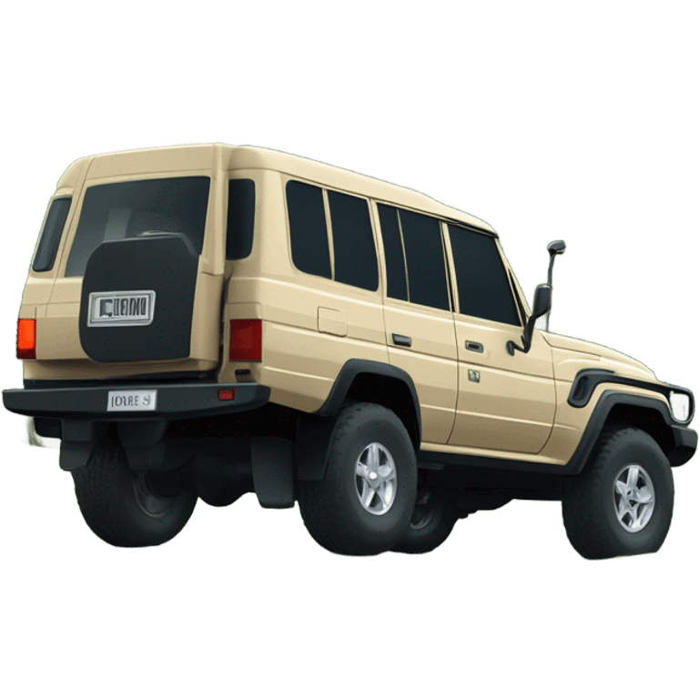 Land Cruiser 79 series 2024 in beige parked on a lush dark green mountain with a luxurious wood house and horses and deers running around  emoji