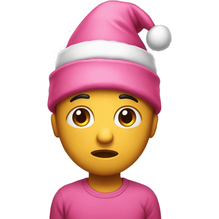 A sad emoji wearing a pink Christmas hat emoji