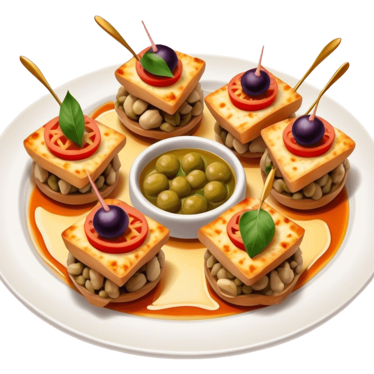 Tapas (4 Pintxos) Cinematic Realistic Tapas Dish Emoji, depicted as an assortment of 4 pintxos elegantly arranged on a plate, rendered with lifelike textures and vibrant, inviting lighting. emoji