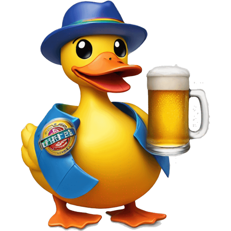 rainbow rubber duck holding a beer emoji