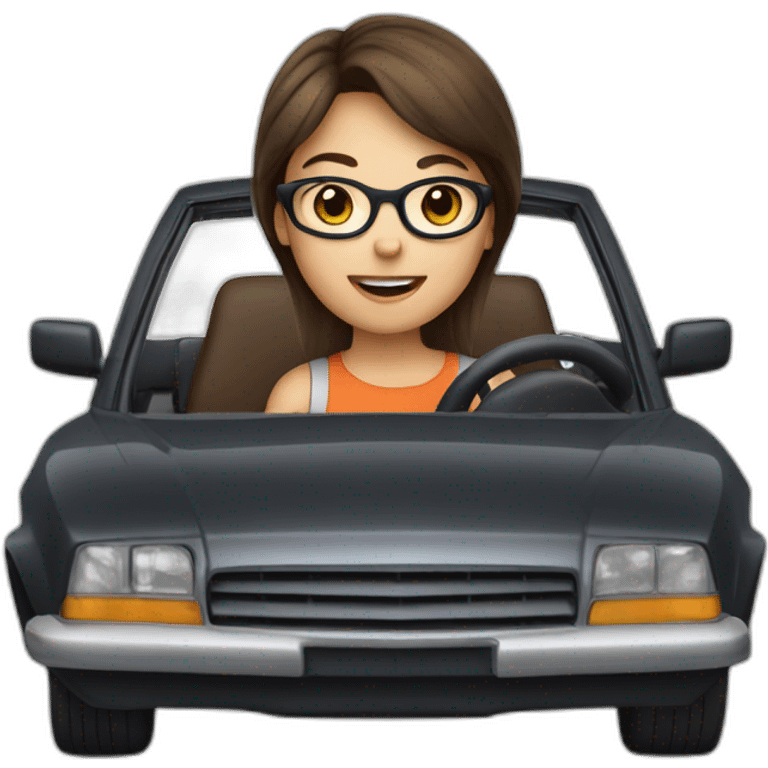 Girl with brown hair and brown glasses driving a car emoji