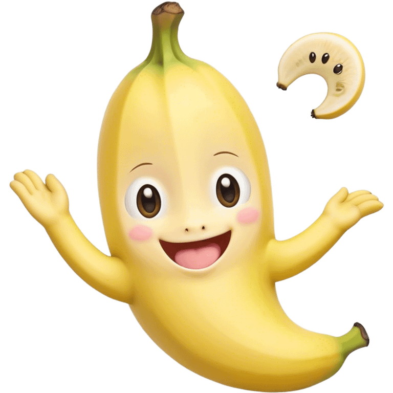 Cute Kawaii Banana, slightly curved, soft pastel yellow, cute giggling face with big round eyes, tiny arms waving happily, a peeled section revealing a smiling expression! emoji