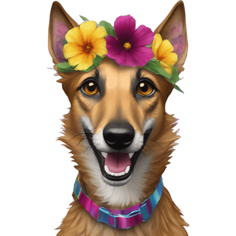  brindle brown black maroon striped lurcher Alsatian fox running blue eyes and iridescent holographic oilslick harness wearing paper iridescent tropical flower crown yellow caution tape emoji