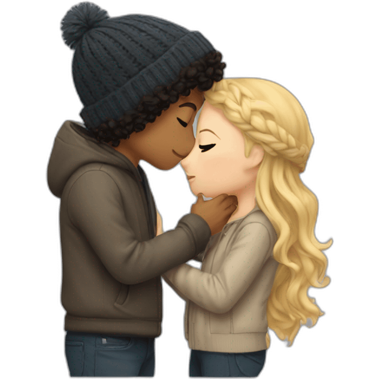 a boy with blond hair in a beanie kissing a girl with dark curly hair emoji