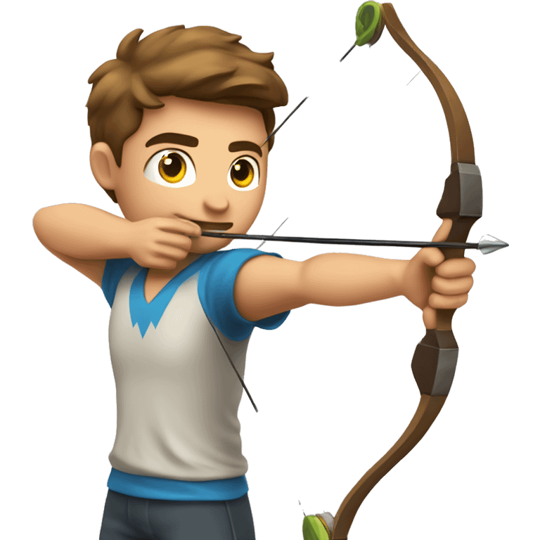 a male archer aiming with a bow looking at his target, wearing a tshirt, brown hair, bright skin, emoji