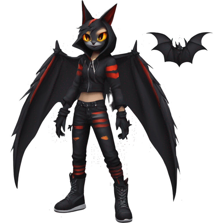 Cool Anthro Black Bat-Nargacuga-Litten-cat-Pokémon with edgy stripes hoodie spiked collar punk techwear Full Body emoji