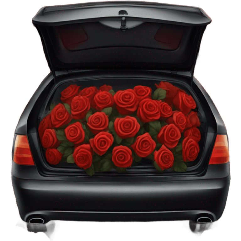 black open car trunk with red roses left in it emoji