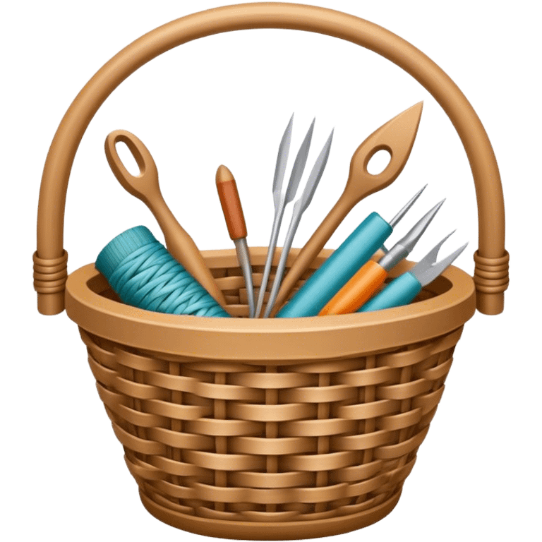 Wicker weaving icon, flexible wicker branches woven into a basket or decorative object, weaving tools like an awl, intricate patterns, minimalistic style, clean lines, transparent background. emoji