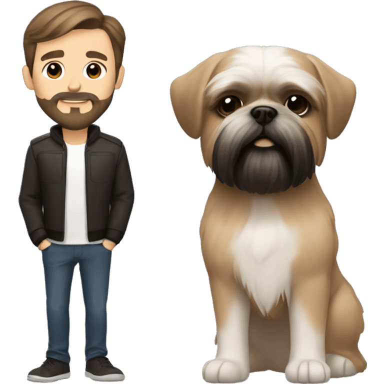 Short haired man with short beard and mustache, brown eyes and hair. With a black and brown Shih tzu beside. emoji