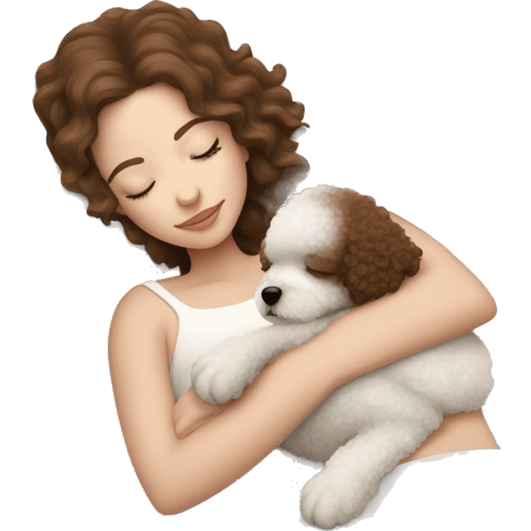 White girl brown hair sleeping with Mini Bichon emoji