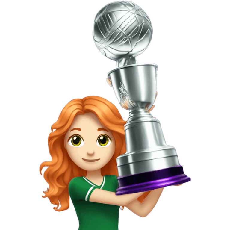 A beautiful orange haired girl with sparkly green eyes holding a purple Stanley cup emoji