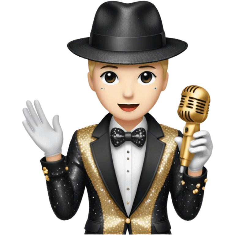 Create a dynamic emoji representing pop vocal performance with a vintage microphone as the centerpiece, surrounded by iconic elements of Michael Jackson's stage attire. Include the signature black sequined jacket, white gloves with rhinestones, and a fedora hat placed next to the mic, evoking the style and energy of classic pop performances. Add subtle sparkles or light effects around the microphone and the clothing to reflect the glamorous, energetic atmosphere of a pop concert. Use bold colors like black, silver, and gold to convey the showmanship and sophistication of pop music. The background should be transparent. emoji