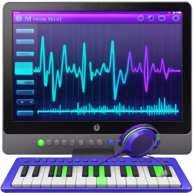 Create a creative and inspiring emoji that represents writing music tracks. The design should feature musical notes, a pen or pencil, and a digital audio workstation (DAW) interface or a computer screen with a visible waveform, symbolizing the process of composing and arranging a track. Add elements like a metronome or a pair of headphones to reflect the recording and editing aspects. Use vibrant colors like electric blue, purple, or neon green to represent creativity and innovation in music production. The background should be transparent. emoji